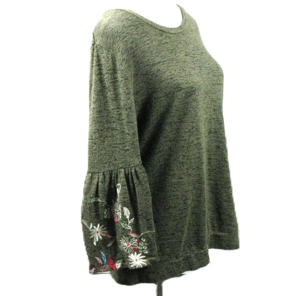 Time and Tru Green 3/4 Floral Embroidered Sleeve Knit Top Size Large - Picture 5 of 6